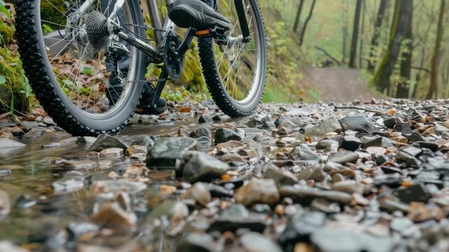 Enjoy the adventure of biking on a rocky path with water gently flowing, surrounded by lush greenery and tranquility of nature