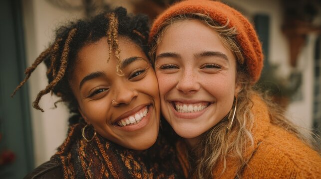 Two young women share a happy embrace, smiling brightly and exhibiting genuine friendship and affection - Powered by Adobe