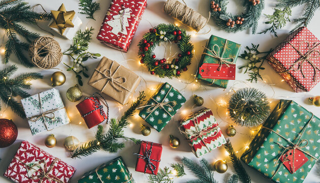 vista cenital (flat lay) de una composici&oacute;n navide&ntilde;a sobre un fondo blanco. Muestra una variedad de regalos envueltos en rojo, verde, dorado y blanco, esparcidos junto a ramas de abeto, luces LED