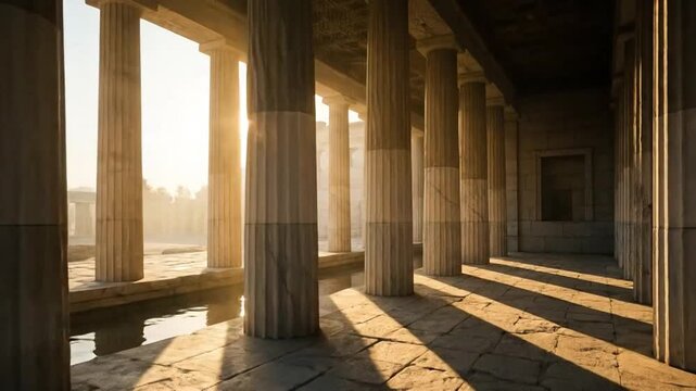 Ancient stone columns stand in a sunlit row.