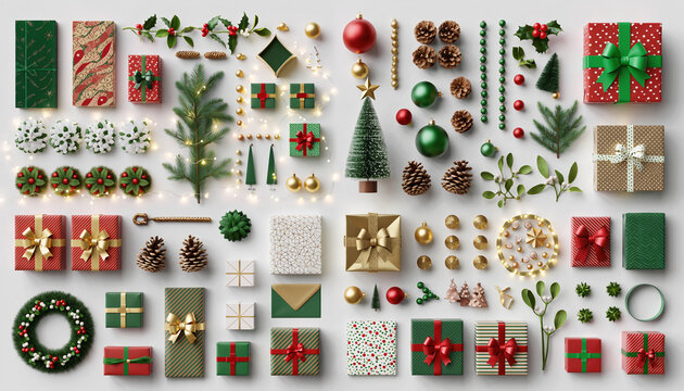 vista cenital (flat lay) de una composici&oacute;n navide&ntilde;a sobre un fondo blanco. Muestra una variedad de regalos envueltos en rojo, verde, dorado y blanco, esparcidos junto a ramas de abeto, luces LED