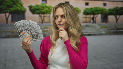 Woman outdoors holding united states dollars, pondering thoughtfully with a street background, wearing a pink sweater, suggesting outdoor financial decision-making.