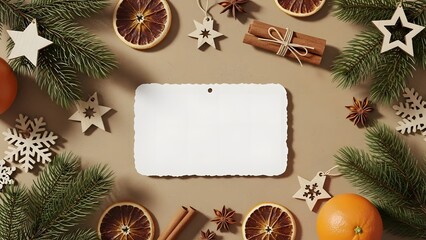 Blank rustic Christmas sticker mockup or christmas card with christmas decorations