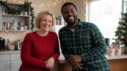 co workers framed by the festive glow of Christmas decorations in their kitchen, share a moment of connection and joy, embodying the spirit of the season.