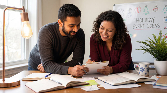  A dynamic couple engages in a creative brainstorming session, sketching out plans for the holidays in a cozy, well-lit workspace. Christmas plans 