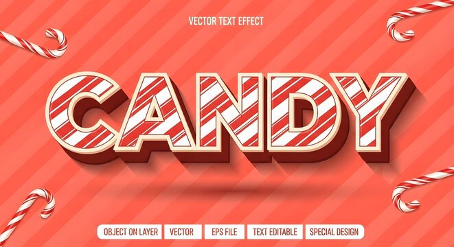 Candy text effect with red and white stripes, like a candy cane, on a festive red background with diagonal lines and decorative candy canes, ideal for sweet designs - Powered by Adobe