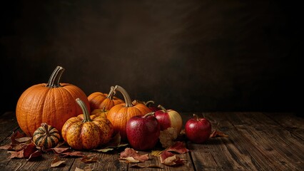 Pumpkins and apples arranged on a wooden surface with autumn leaves, dark background. Seasonal harvest and fall decorations, still life composition.