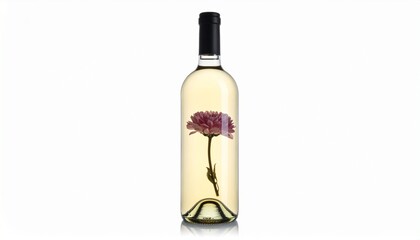 Unique wine bottle featuring a pink flower encapsulated in the glass design for a modern display