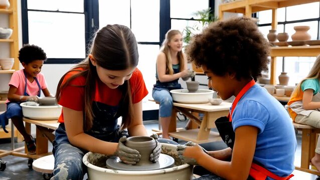 Young Children Engaged in Pottery Class Creating Clay Vessels in Art Studio