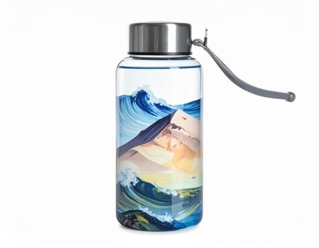 Unique water bottle featuring vibrant ocean and landscape design perfect for outdoor adventures or daily hydration - Powered by Adobe