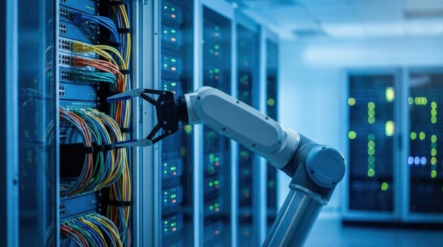Robotic arm managing with server rack in modern data center. Automation and artificial intelligence concept for efficient IT infrastructure and cloud computing. - Powered by Adobe