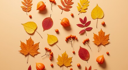 Autumn leaves and berries arrangement on beige backdrop season design