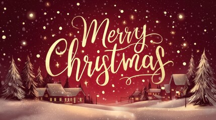 Gold text greeting on red background with snowy landscape, glowing lights, and stars