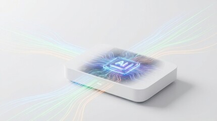 Router with AI chip and glowing circuit board. Data center network and artificial intelligence concept. Wireless technology for smart home.