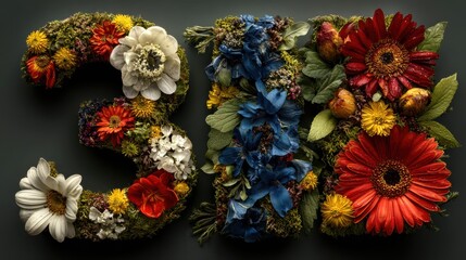 Number three made of vibrant flowers and leaves, spring and summer flower font idea for Valentines day