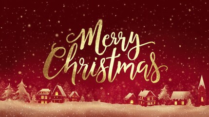 Gold text greeting on red background with snowy landscape, glowing lights, and stars