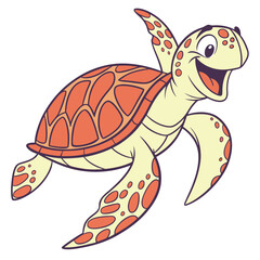 Cheerful Cartoon Sea Turtle Design with Orange Shell on White Background