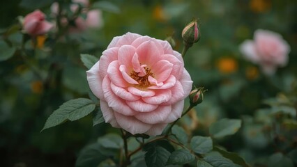 Pink rose flower in bloom with green leaves and buds, garden setting. Beautiful and delicate flower. Nature photography.