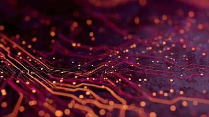 Intricate digital animation showing glowing orange light pulses flowing through magenta electronic pathways on a circuit board, representing data transfer and advanced computer technology - Powered by Adobe