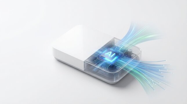 Smart router with AI processor connected to fiber optic cables for high speed data transfer and advanced network processing