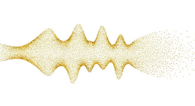 Shimmering golden glitter wave resembling a soundwave, with sparkling particles creating an elegant and festive abstract design, isolated on white background