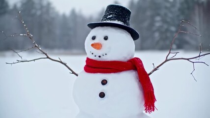 A snowman with a top hat, carrot nose, and red scarf stands in a snowy winter landscape - Powered by Adobe