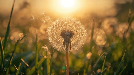 Dandelion seed head at sunset in a grassy field during golden hour.