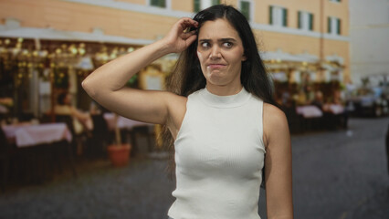 Woman scratches head with hand and raised arm on a cobblestone street outside restaurant terrace, frowning amid outdoor tables at night; annoyance late night.