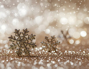 Fototapeta premium Fondo navideño brillante con efecto bokeh dorado y copos de nieve metálicos