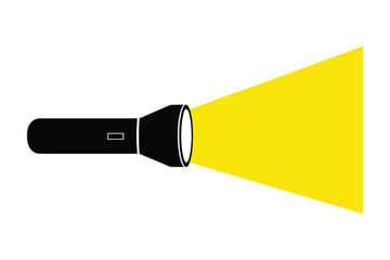 Black flashlight emitting a bright yellow beam isolated on white background