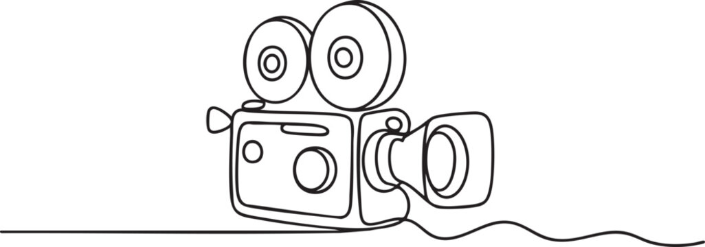 Continuous single line drawing of a vintage film camera symbolizing classic animation history in a clean minimalist retro outline vector illustration