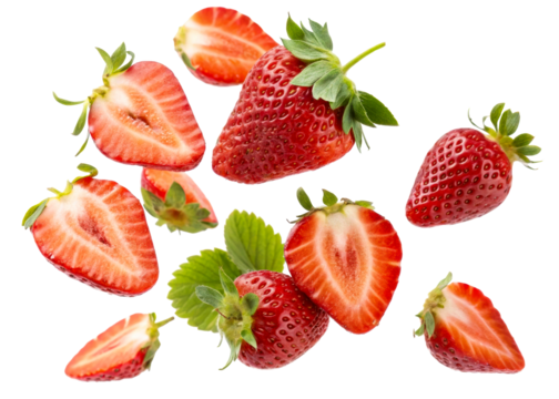 Fresh ripe strawberries and halved strawberries with vibrant green leaves scattered in motion, perfect for healthy food concepts and summer promotions