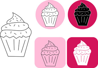 Cupcake icon Logotype Valentine's Day. Vector graphic line black and white illustration. Silhouette sign for logo, print, comics, fashion, pop art, boards, design, stickers, decoration, posters