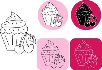 Cute cupcake with cherry Logotype Valentine's Day. Vector graphic line black and white illustration. Muffin Vector illustration. for cooking, condiment and culinary ingredient