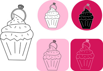 Cupcake with diamond ring Logotype Valentine's Day. Vector graphic line black and white illustration. Banner, poster, wrapping paper, sticker, print, modern textile design.