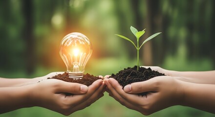 Hands holding lightbulb and seedling in soil for green energy concept