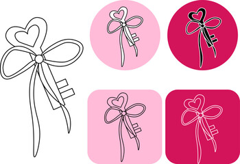 Old door key with love abstract icon Logotype Valentine's Day. Vector graphic line black and white illustration. for package, holiday design, fabric and textile.