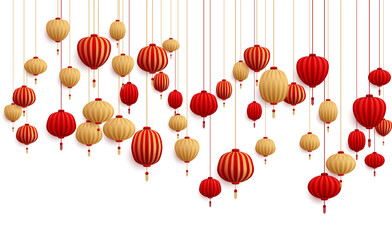 Fototapeta premium Chinese New Year decorative paper lanterns isolated on white vector illustration. Traditional red and gold hanging chinese lanterns, asian festivals and holidays decoration elements.