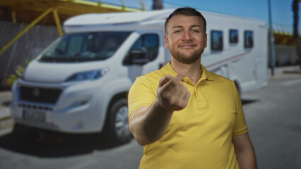 Fototapeta premium Man in yellow polo beckoning with fingers on street beside white motorhome campervan, smiling and leaning forward toward camera; inviting travel adventure.