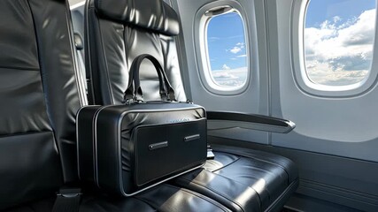 A stylish bag rests on the seat, showcasing the experience of air travel with views of clouds and sky through the window