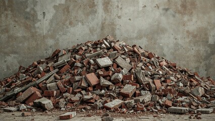 Pile of bricks and debris against an old concrete wall. Building demolition or construction waste. Ruins and abandoned structures. Structural debris cleanup or renovation.