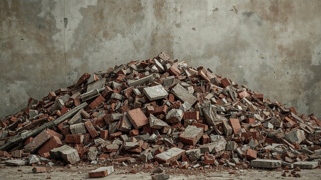 Pile of bricks and debris against an old concrete wall. Building demolition or construction waste. Ruins and abandoned structures. Structural debris cleanup or renovation.