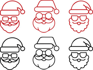 Set of santa claus head outlines with hats, glasses, and beards