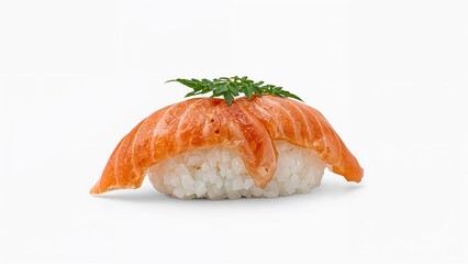Sushi with salmon and herbs on rice, minimalist food presentation.