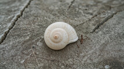 Shell on hard concrete surface with a tiny insect nearby.