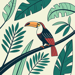 Naklejka premium Toucan Perched On A Branch With Tropical Leaves bird