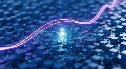 Abstract digital network grid with glowing pink data line technology