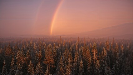 A rainbow over a forest with a sunset sky. Nature scenery and landscape. The scene captures the beauty of the outdoors with vibrant colors and serene atmosphere.