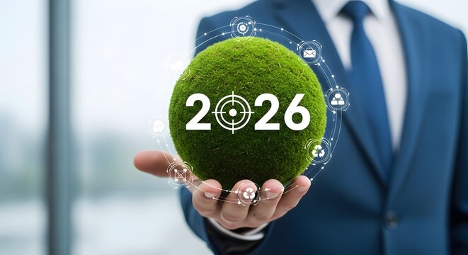Businessman holding green sphere with 2026 target for sustainable future