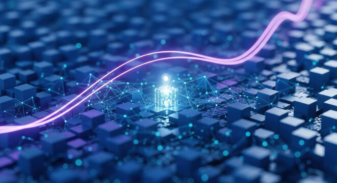 Abstract digital network grid with glowing pink data line technology